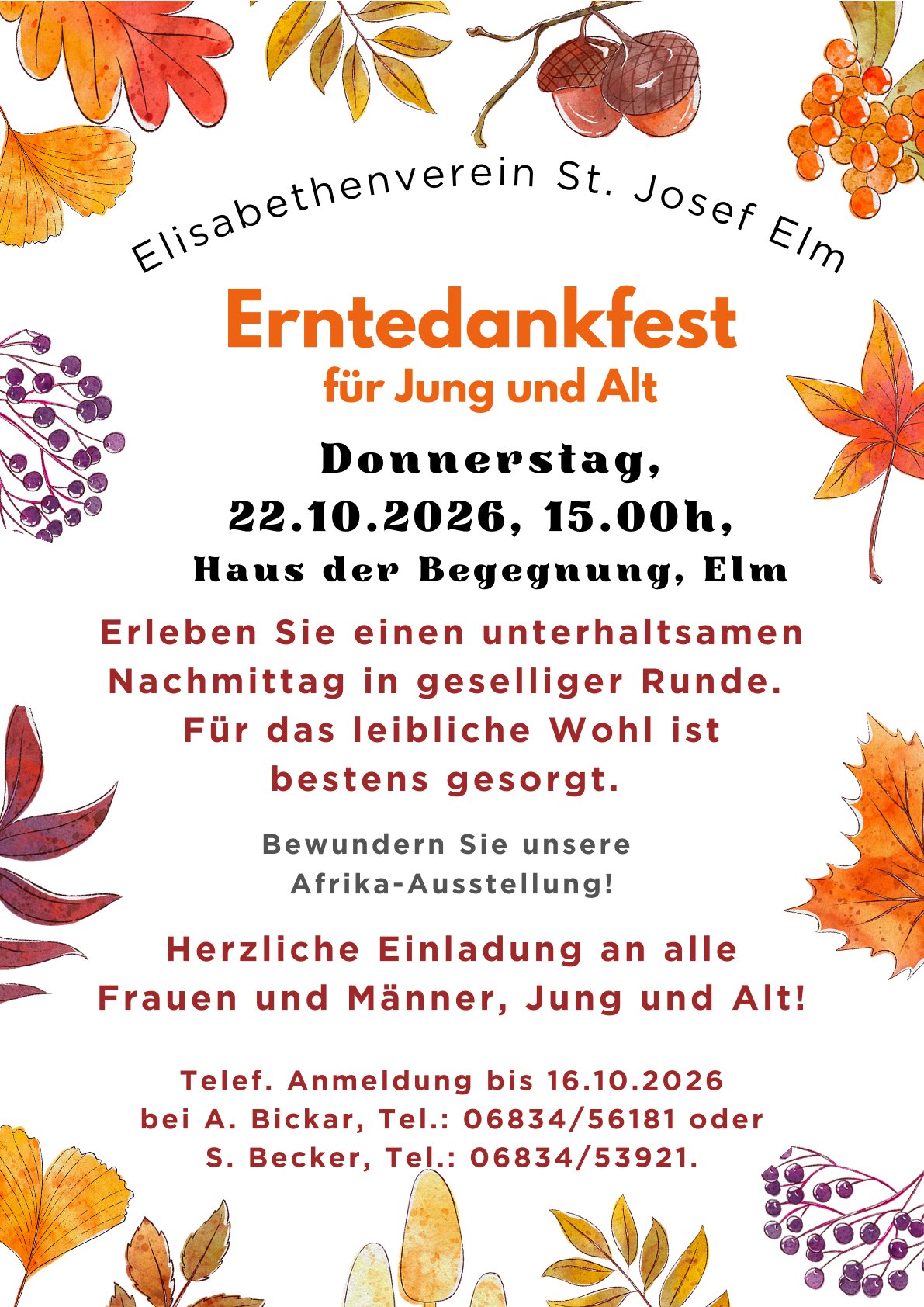 Plakat Erntedank Fest Plakat des Elisabethenvereins St. Josef, Einladung zum Erntedankfest am 22.10.2026, 15.00 Uhr, im Haus der Begegnung Elm
