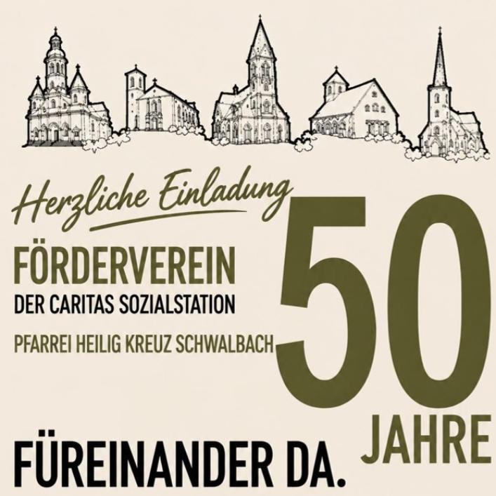 50 Jahre Kooperation Caritas Förderverein und Pfarrei Heilig Kreuz, Plakat zur 50-Jahr-Feier mit konkreten Angaben zur Messe und anschließenden Jubiläumsabend