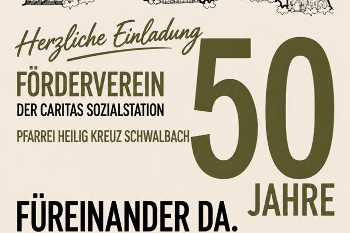 50 Jahre Kooperation Caritas Förderverein und Pfarrei Heilig Kreuz, Plakat zur 50-Jahr-Feier mit konkreten Angaben zur Messe und anschließenden Jubiläumsabend