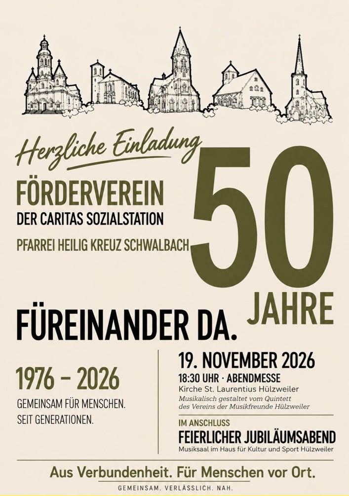 . (c) Förderverein Caritas Sozialstation 50 Jahre Kooperation Caritas Förderverein und Pfarrei Heilig Kreuz, Plakat zur 50-Jahr-Feier mit konkreten Angaben zur Messe und anschließenden Jubiläumsabend