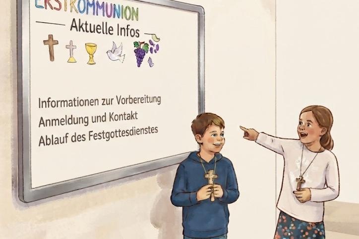 Zeichnung, zwei Kommunionkinder vor einer Tafel mit wichtigen Infos zur Erstkommunion
