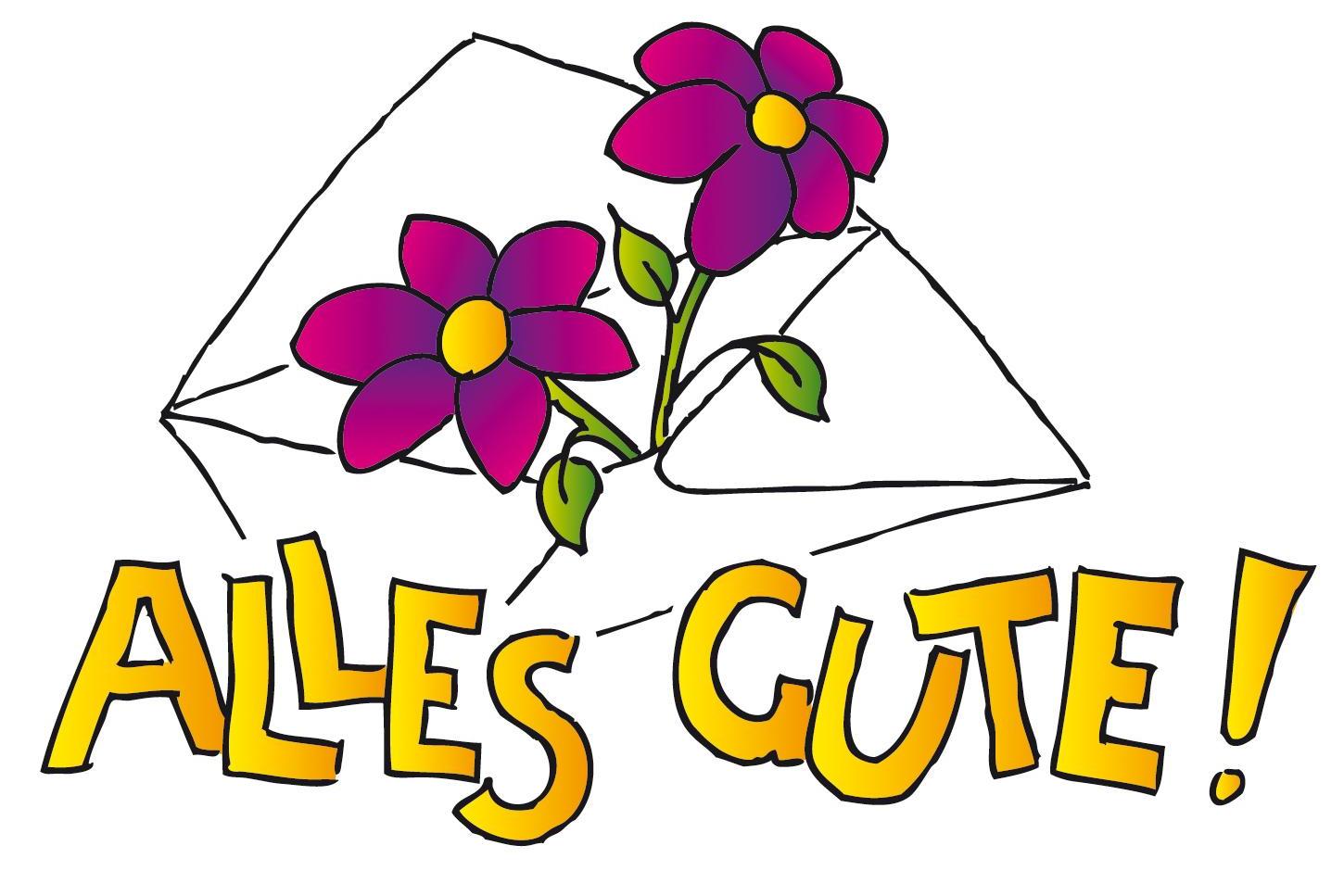 Glückwunsch, Alles Gute Schriftzug mit Briefumschlag und Blumen