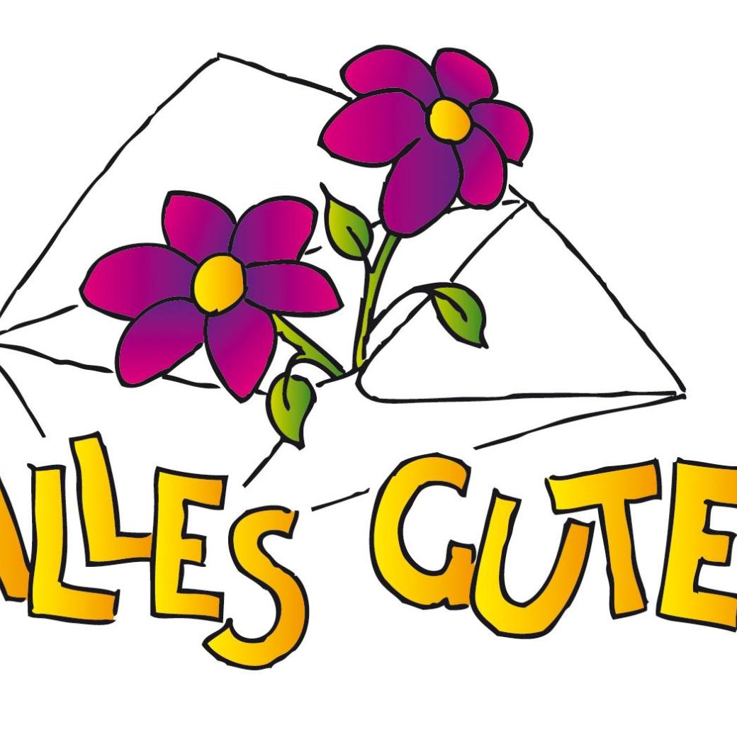 Glückwunsch, Alles Gute Schriftzug mit Briefumschlag und Blumen
