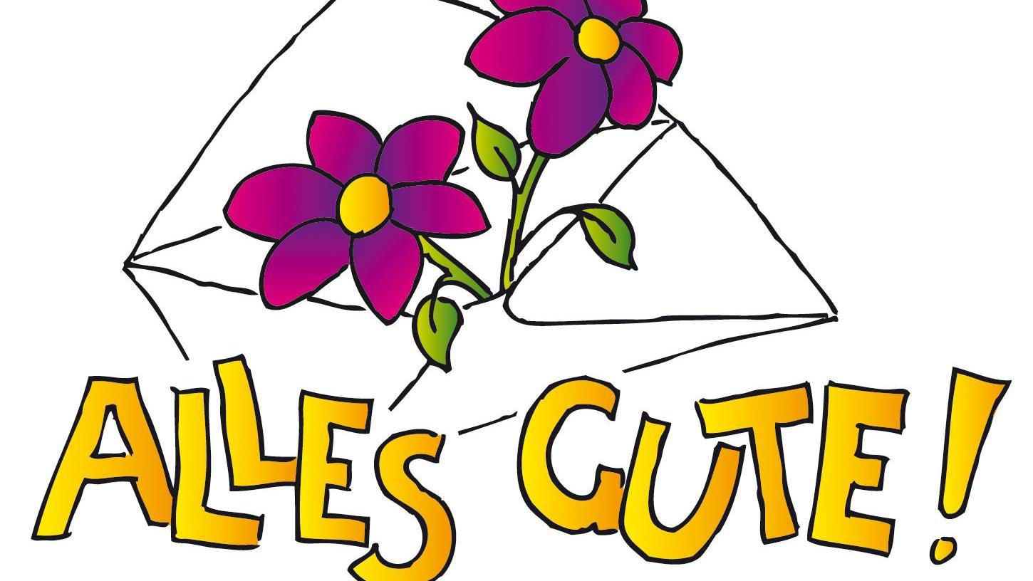Glückwunsch, Alles Gute Schriftzug mit Briefumschlag und Blumen