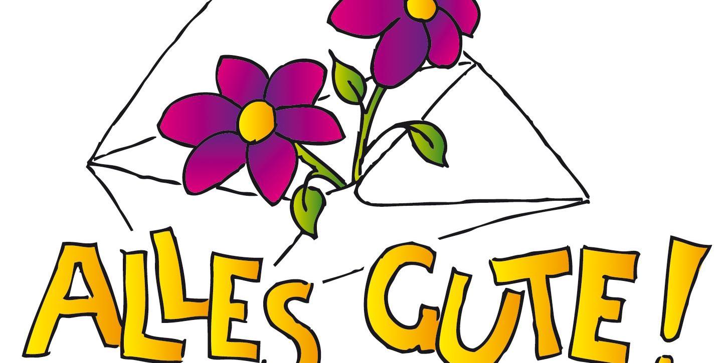 Glückwunsch, Alles Gute Schriftzug mit Briefumschlag und Blumen