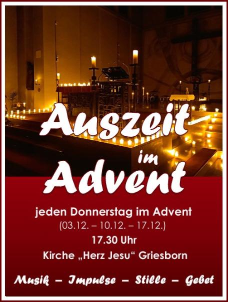 . (c) Tobias Maas Plakat zur 'Auszeit im Advent', im oberen Bereich ein Altarbild, in der Mitte und im unteren Bereich in weißer Schrift Informationen zum Ereignis