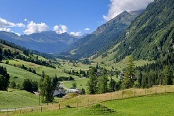 Blick in ein Hochtal in den Alpen; Bergkämme, Wiesen und Bäume vor blauem Himmel mit weißen Wolken