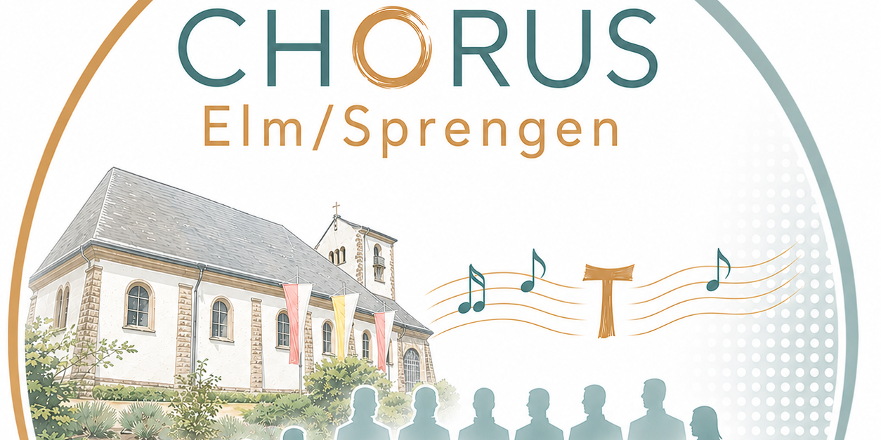 Logo des CHORUS Elm-Sprengen; in einem grün-golden gehaltenen Kreis ist oben der Schriftzug CHORUS Elm-Sprengen abgebildet; darunter die Kirche Maria Himmelfahrt Sprengen, daneben Notenlinien mit einem Tau-Kreuz; unten Konturen von Personen (Chormitgliedern), im Vordergrund links ein Keybord, daneben eine elektrische und eine Akkustik-Gitarre