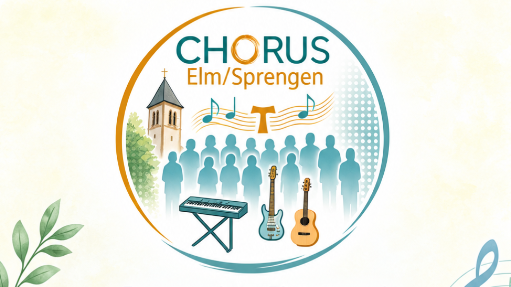 Plakat des CHORUS zu musikalischer Mitgestaltung eines Gottesdienstes, oben Schriftzug CHORUS Elm-Sprengen, darunter Angaben zu Ort und Zeit, darunter Foto der betreffenden Kirche mit Adressangaben