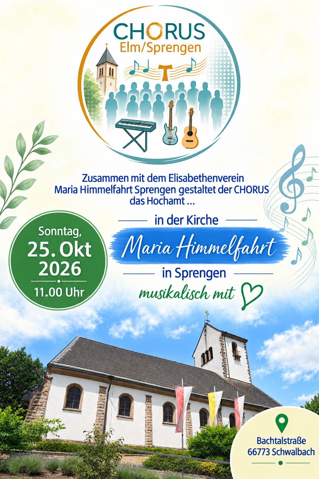 Plakat des CHORUS zu musikalischer Mitgestaltung eines Gottesdienstes, oben Schriftzug CHORUS Elm-Sprengen, darunter Angaben zu Ort und Zeit, darunter Foto der betreffenden Kirche mit Adressangaben
