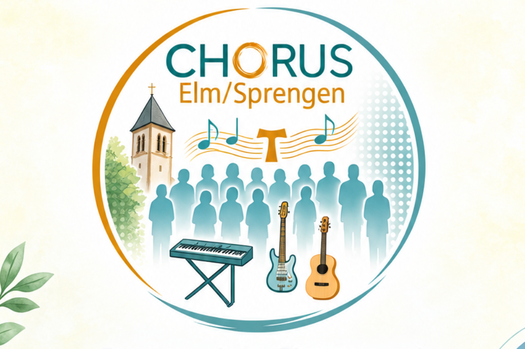 Plakat des CHORUS zu musikalischer Mitgestaltung eines Gottesdienstes, oben Schriftzug CHORUS Elm-Sprengen, darunter Angaben zu Ort und Zeit, darunter Foto der betreffenden Kirche mit Adressangaben
