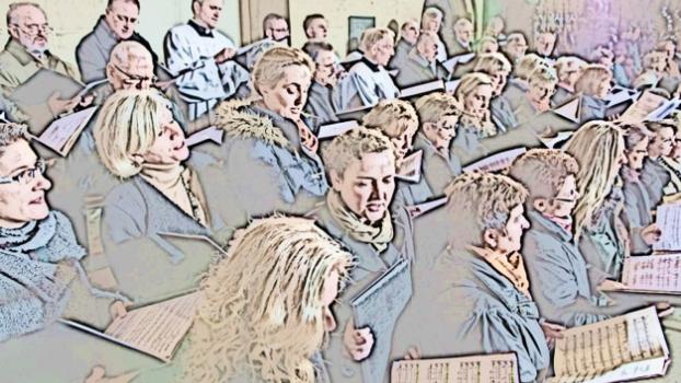Zu sehen ist ein Chirchenchor, die Sänger/innen halten die Notenblätter vor sich und tragen gerade ein Lied vor, Symbolbild, kein spezifischer Chor