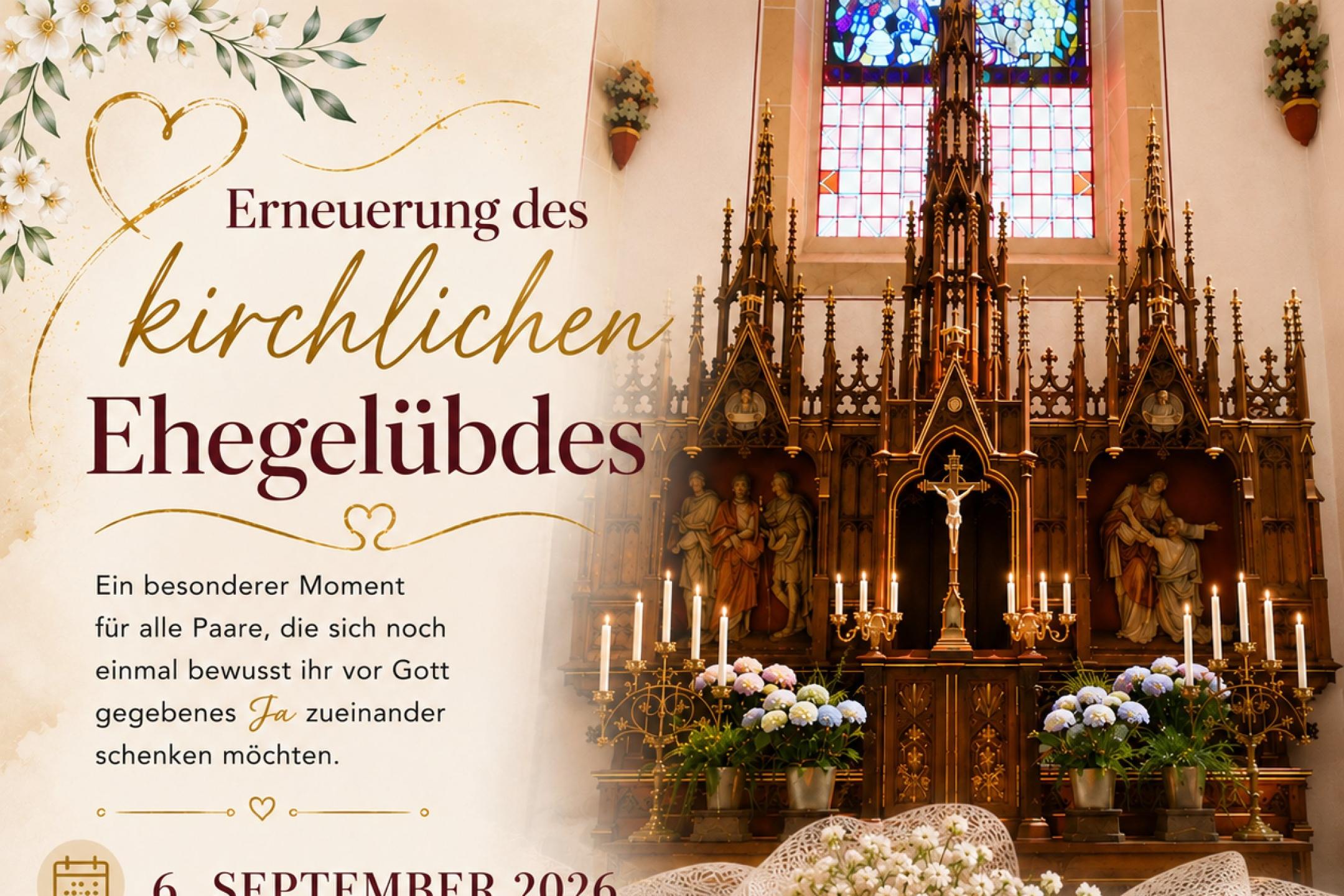 Plakat zur Erneuerung des Ehegelübdes; rechts oben ein Foto des Altars von St. Josef Elm; links daneben und darunter Text (unterlegt mit Hochzeits-Symbolen), der die Daten zum Ereignis auflistet