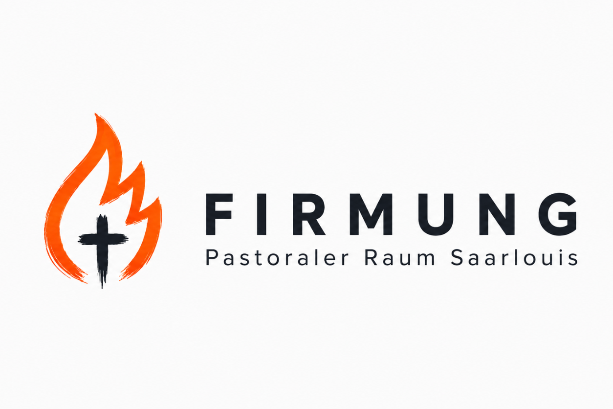 Offizielles Logo zur Firmung 2027 im Pastoralen Raum Saarlouis; eine orange gezeichnete Flamme, darin in puristisch gezeichnetes schwarzes Kreuz, darunter groß 'Firmung', darunter in kleiner Schrift 'Pastoraler Raum Saarlouis'