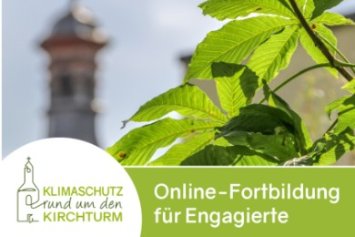 Aufmacher für Veranstaltungsreihe 'Klimaschutz rund um den Kirchturm 2026' -- im Vordergrund rechts sind Blätter eines Baumes zu sehen, links daneben leicht unscharf die Spitze eine Kirchturms; im Vordergrund unten in weißer Schrift vor grünem Hintergrund: Online-Fortbildung für Engagierte