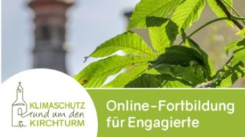 Aufmacher für Veranstaltungsreihe 'Klimaschutz rund um den Kirchturm 2026' -- im Vordergrund rechts sind Blätter eines Baumes zu sehen, links daneben leicht unscharf die Spitze eine Kirchturms; im Vordergrund unten in weißer Schrift vor grünem Hintergrund: Online-Fortbildung für Engagierte