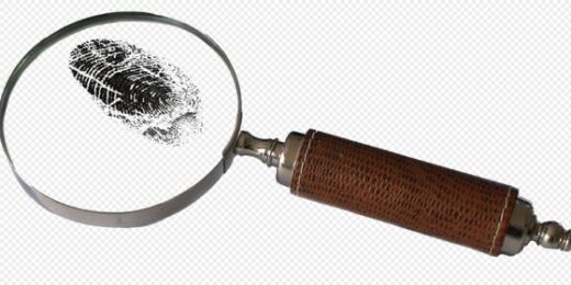 Symbol für Krimi, Detektivgeschichten: eine Lupe, die einen Fingerabdruck vergrößert