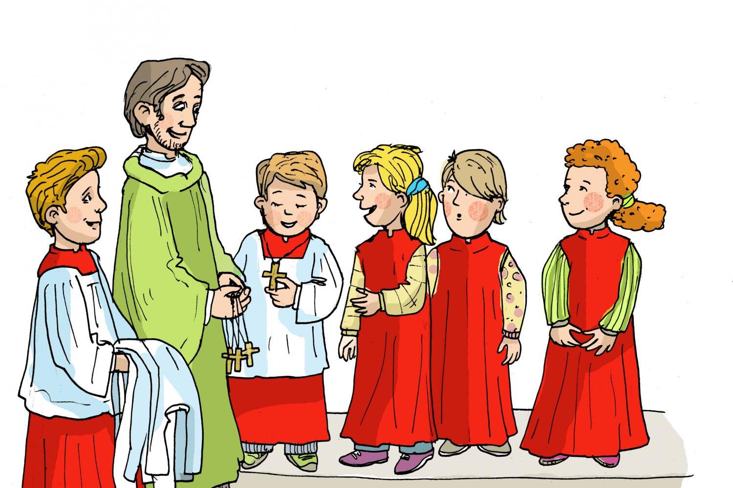 Eine Gruppe junger Messdiener stehen zusammen mit einem Priester (Cartoon)