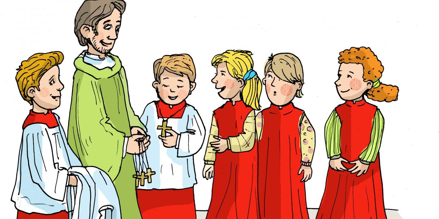 Eine Gruppe junger Messdiener stehen zusammen mit einem Priester (Cartoon)