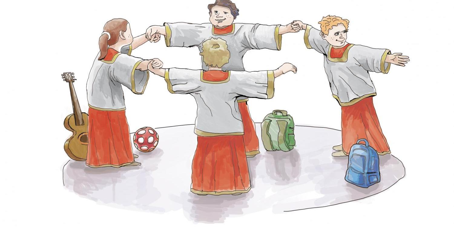 Zeichnung in Farbe -- vier Messdiener/innen scheinen im Kreis zu tanzen -- zu sehen sind außerdem eine Gitarre, ein Ball und zwei Taschen bzw. Rucksäcke (c) Bild: factum.adp In: Pfarrbriefservice.de Zeichnung in Farbe -- vier Messdiener/innen scheinen im Kreis zu tanzen -- zu sehen sind außerdem eine Gitarre, ein Ball und zwei Taschen bzw. Rucksäcke