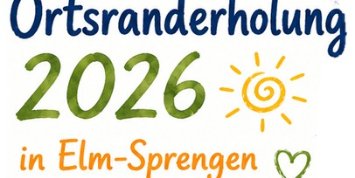 Ortsranderholung 2026 Plakat - Text: Ortsranderholung 2026 in Elm-Sprengen (Schrift in den Farben blau, grün und orange) - außerdem Grafik einer Sonne in gelb und ein Herz in dunkelgrün