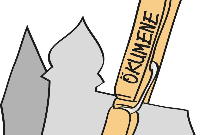 Symbol für Ökumene, Zeichnung einer ev. und kath. Kirche die von einer Wäschklammer zusammengehalten werden, auf der das Wort 'Ökumene' steht