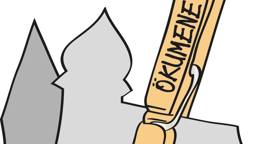 Symbol für Ökumene, Zeichnung einer ev. und kath. Kirche die von einer Wäschklammer zusammengehalten werden, auf der das Wort 'Ökumene' steht