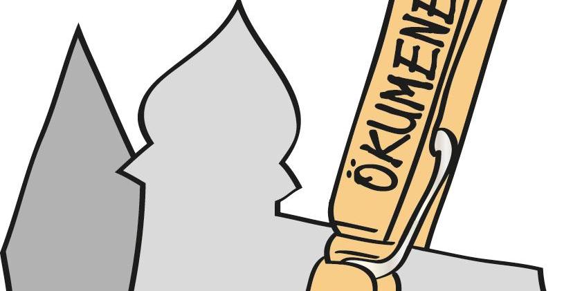 Symbol für Ökumene, Zeichnung einer ev. und kath. Kirche die von einer Wäschklammer zusammengehalten werden, auf der das Wort 'Ökumene' steht