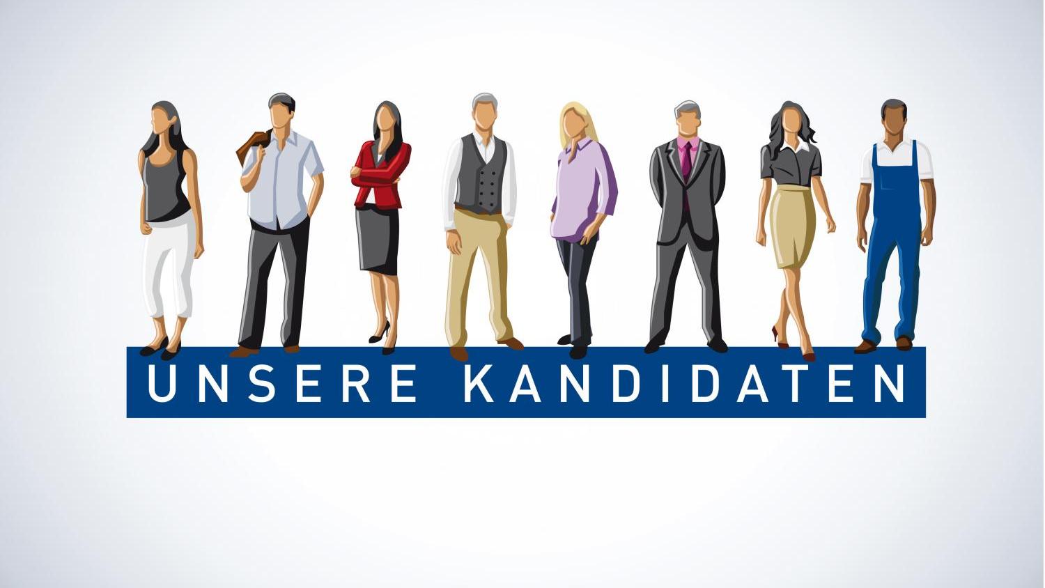 Gruppe von Menschen (gezeichnet); darunter Schriftzug 'Unsere Kandidaten'