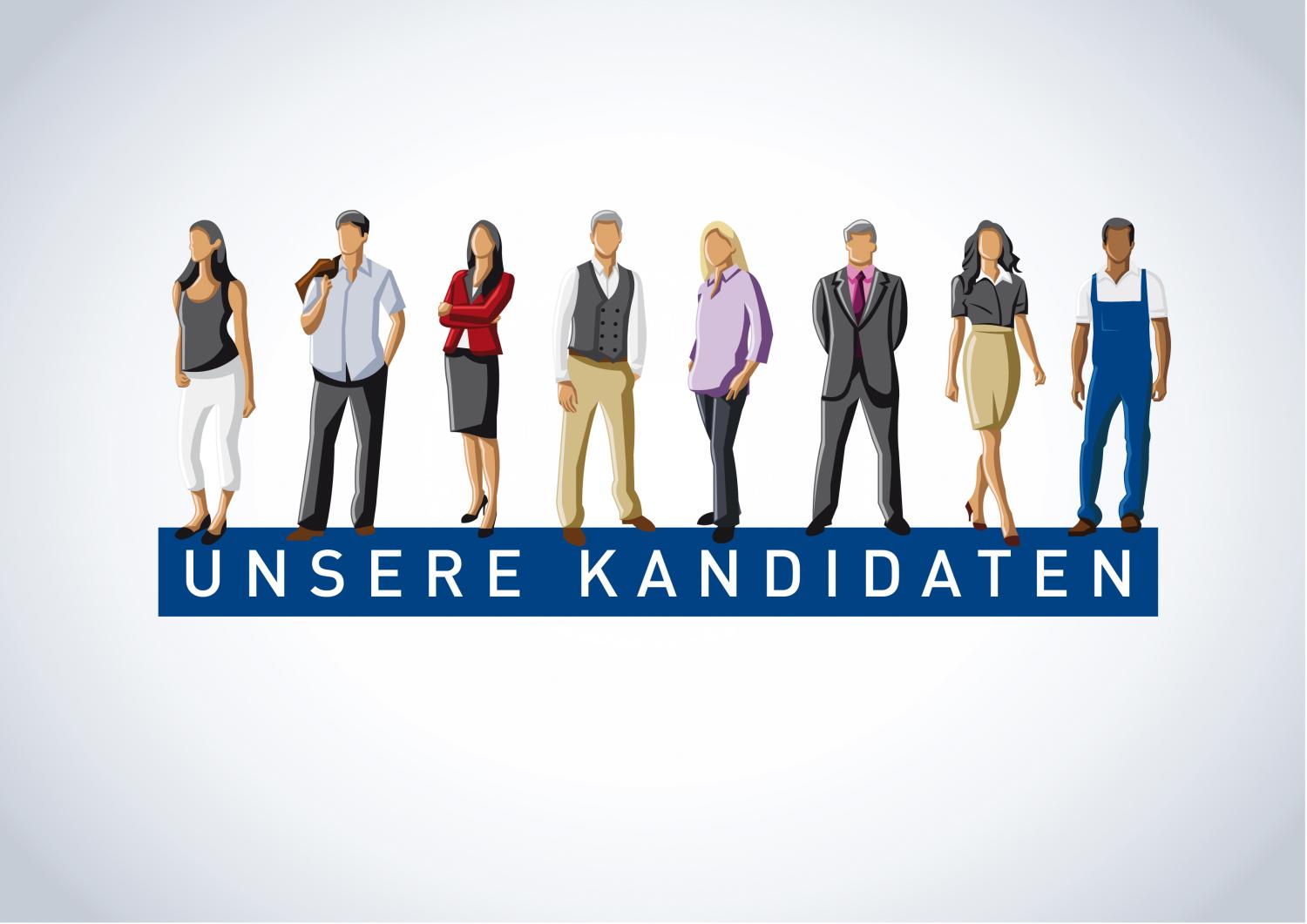 Gruppe von Menschen (gezeichnet); darunter Schriftzug 'Unsere Kandidaten'