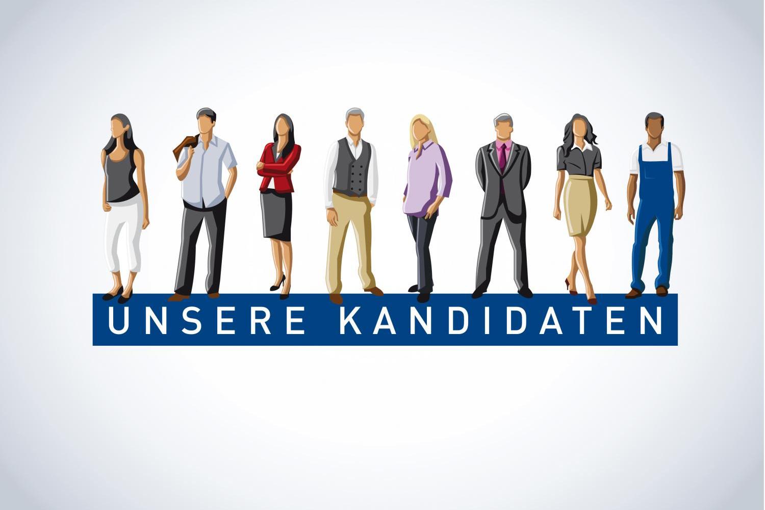 Gruppe von Menschen (gezeichnet); darunter Schriftzug 'Unsere Kandidaten'