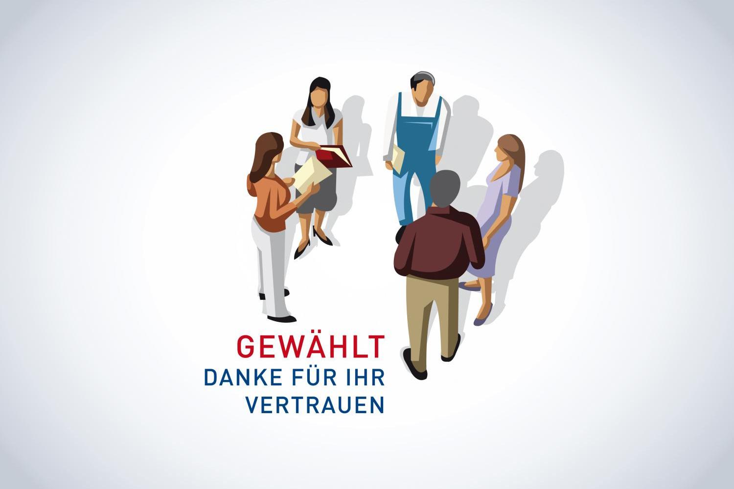 Gruppe von Menschen (gezeichnet); darunter Schriftzug 'Gewählt. Danke für Ihr Vertrauen'