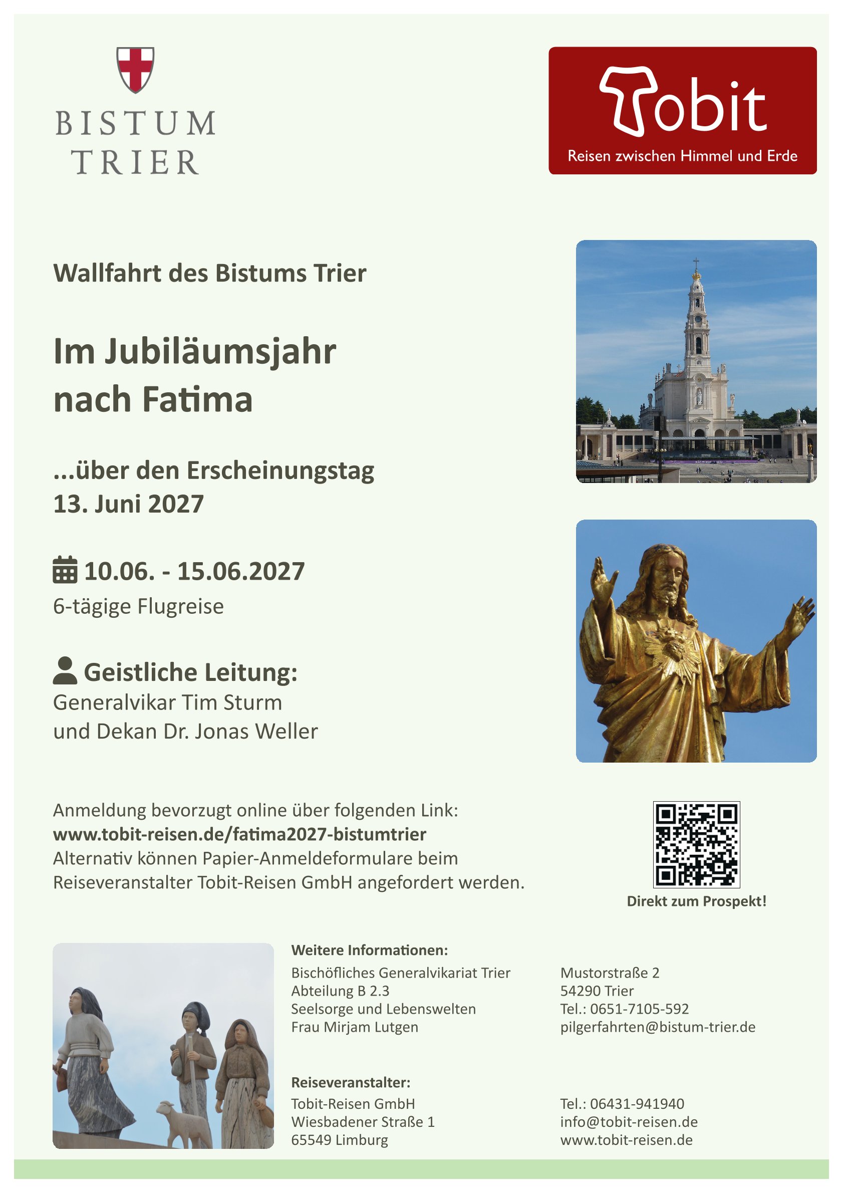 Plakat Fatima 2027 (c) Bischöfliches Generalvikariat Trier, Abt. B 2.3 Plakat zur Bistumswallfahrt 2027 nach Fatima im Jubiläumsjahr; mit Fotos von Fatima sowie Programm und Zeitplan der Wallfahrt