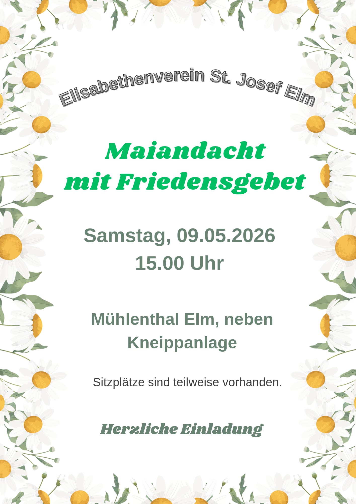 Plakat für die Maiandacht 2026 mit Friedensgebet des EV St. Josef