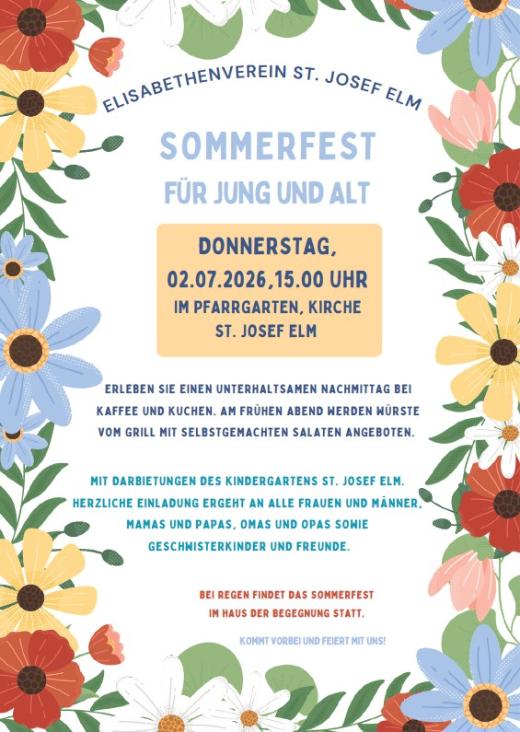 Plakat und Programm des Sommerfests 2026 des Elisabethenvereins St. Josef Elm