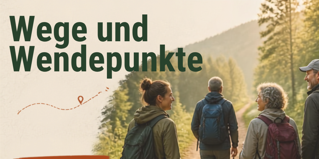Plakat zur Wanderung 'Wege und Wendepunkt' aus der Reihe 'Zuhause - und jetzt?' der Pastoralen Räume Saarlouis und Dillingen; oben ein Foto von drei Wanderern, im unteren Bereich Darstellung der einzelnen Programmpunkte (c) PastR SLS, Maximilian Schmitt Plakat zur Wanderung 'Wege und Wendepunkt' aus der Reihe 'Zuhause - und jetzt?' der Pastoralen Räume Saarlouis und Dillingen; oben ein Foto von drei Wanderern, im unteren Bereich Darstellung der einzelnen Programmpunkte