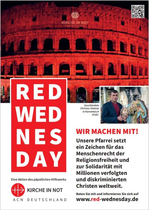 Plakat der Aktion Red Wednesday 2025, oben in rot getaucht ein Foto des Kolosseum in Rom, darunter Text mit Erklärungen zum Red Wednesday