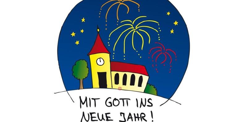 Silvesterfeuerwerk (gelb) vor nächtlichem, schwarzen Hintergrund, darunter in weißer Schrift: Ein friedvolles und gesegnetes Neues Jahr 2026