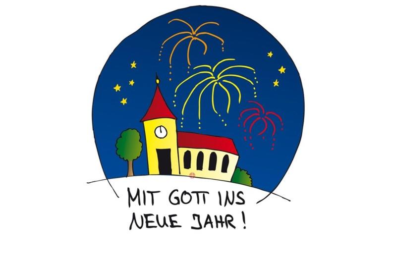 Silvesterfeuerwerk (gelb) vor nächtlichem, schwarzen Hintergrund, darunter in weißer Schrift: Ein friedvolles und gesegnetes Neues Jahr 2026