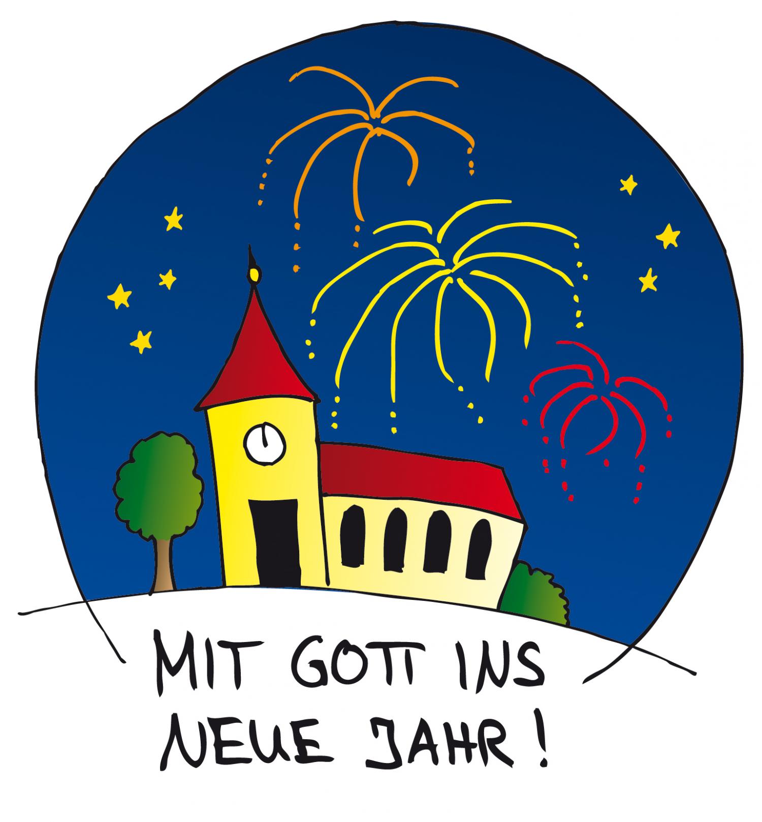 eine gezeichnete Kirche (gelb mit rotem Dach), daneben ein Baum, darüber Sivesterfeuerwerk, Himmel und Hintergrund sind dunkelblau, darunter ein Schriftzug auf weißem Grund: Mit Gott ins Neue Jahr
