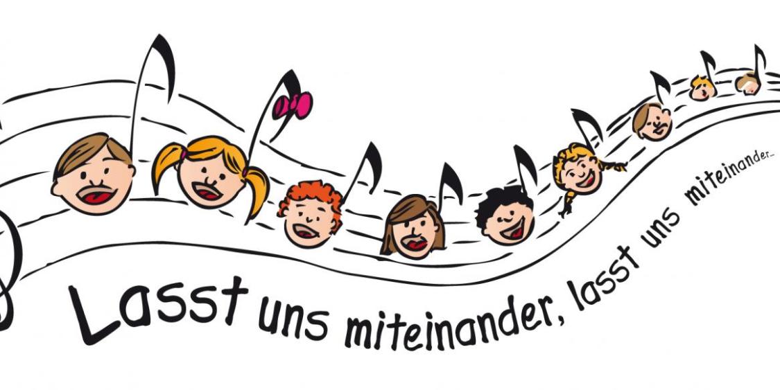 Geschwungene Notenlinien, die Noten sind gezeichnete Köpfe von Kindern, darunter ein nach rechts hin kleiner werdender Text: 'Lasst uns miteinander, lasst uns miteinander...' (c) Bild: Sarah Frank | factum.adp In: Pfarrbriefservice.de Geschwungene Notenlinien, die Noten sind gezeichnete Köpfe von Kindern, darunter ein nach rechts hin kleiner werdender Text: 'Lasst uns miteinander, lasst uns miteinander...'