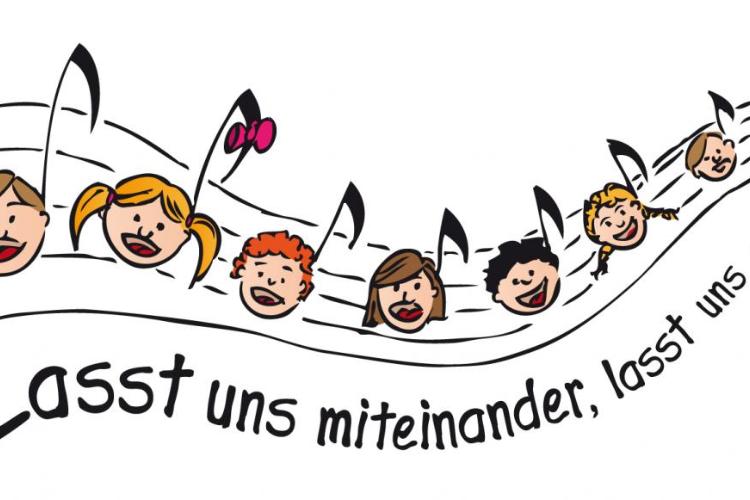 Geschwungene Notenlinien, die Noten sind gezeichnete Köpfe von Kindern, darunter ein nach rechts hin kleiner werdender Text: 'Lasst uns miteinander, lasst uns miteinander...'