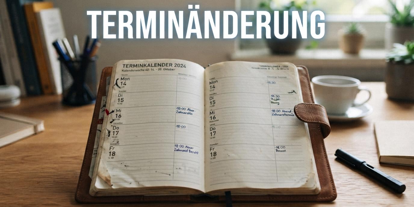 . (c) J. Sauer (KI unterstützt) Terminkalender (in Leder eingebunden), aufgeschlagen, daneben ein Stift, darüber in weiß der Hinweis 'Terminänderung'