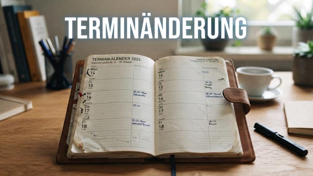 Terminkalender (in Leder eingebunden), aufgeschlagen, daneben ein Stift, darüber in weiß der Hinweis 'Terminänderung'