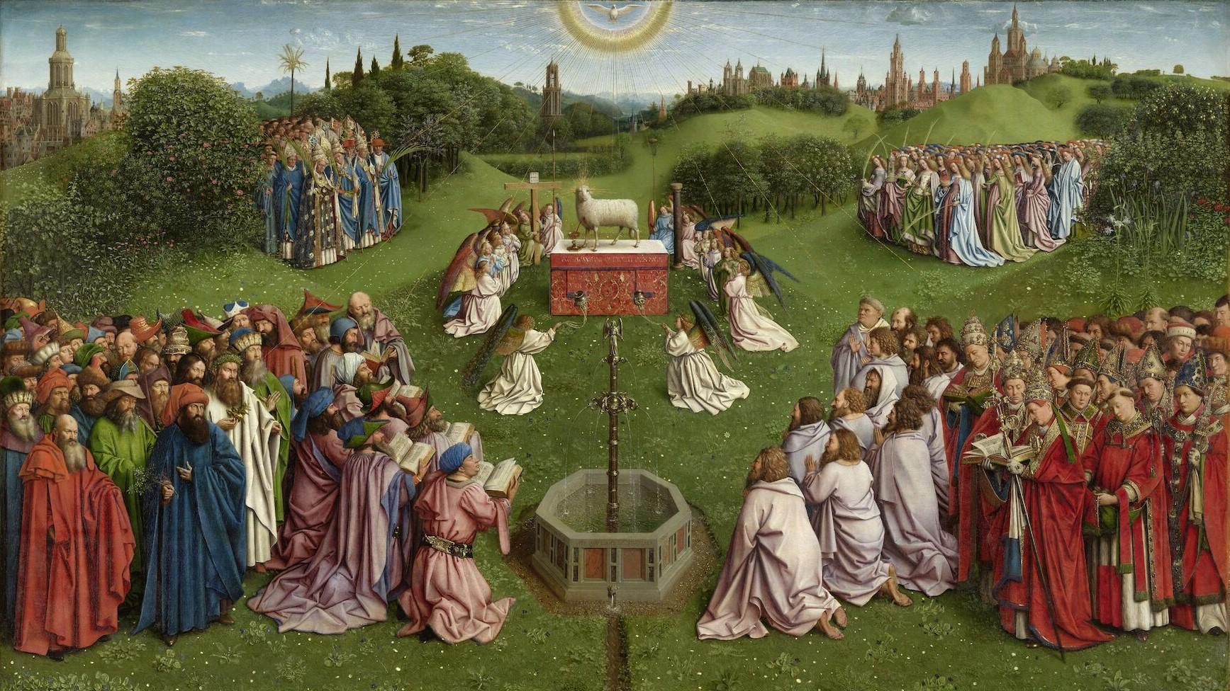 Das Hauptthema des Genter Altars ist die Anbetung des Lammes aus der Offenbarung des Johannes  mit Engeln und Heiligen (vgl. Offb 14,1–5).