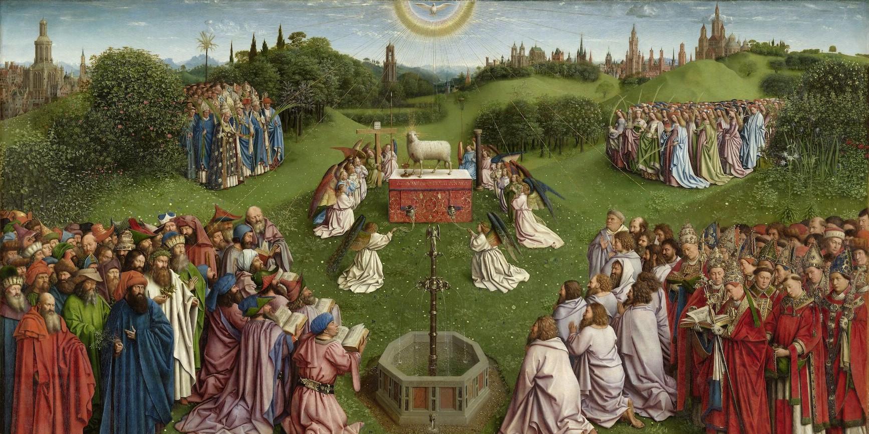 Das Hauptthema des Genter Altars ist die Anbetung des Lammes aus der Offenbarung des Johannes mit Engeln und Heiligen (vgl. Offb 14,1–5). (c) Dominique Provost (artinflanders.be) Das Hauptthema des Genter Altars ist die Anbetung des Lammes aus der Offenbarung des Johannes mit Engeln und Heiligen (vgl. Offb 14,1–5).
