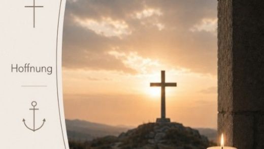 Blick auf einen Hügel mit einem schlichten Holzkreuz im Sonnenuntergang, im Vordergrund rechts eine brennende weiße Kerze, links ein ovales Textfeld mit den Inhalten Glaube, Hoffnung, Liebe