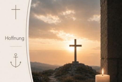 Blick auf einen Hügel mit einem schlichten Holzkreuz im Sonnenuntergang, im Vordergrund rechts eine brennende weiße Kerze, links ein ovales Textfeld mit den Inhalten Glaube, Hoffnung, Liebe