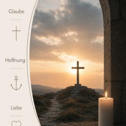 Blick auf einen Hügel mit einem schlichten Holzkreuz im Sonnenuntergang, im Vordergrund rechts eine brennende weiße Kerze, links ein ovales Textfeld mit den Inhalten Glaube, Hoffnung, Liebe