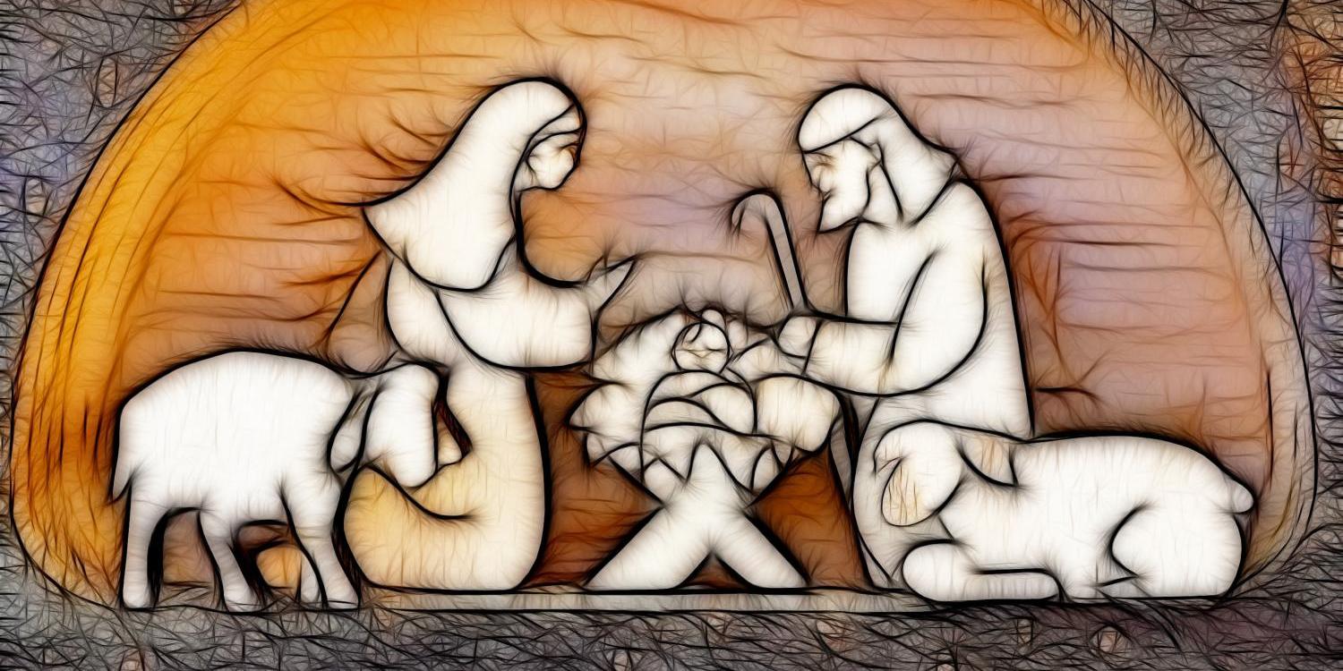 Heilige Familie in der Krippe, Zeichnung (Holzschnitt) mit Josef, Maria und dem Jesuskind in einer Krippe, links und rechts ein Schaf, die Krippe ist wie eine halbrunde Höhle gestaltet (c) Bild: Sr. M. Jutta Gehrlein In: Pfarrbriefservice.de Heilige Familie in der Krippe, Zeichnung (Holzschnitt) mit Josef, Maria und dem Jesuskind in einer Krippe, links und rechts ein Schaf, die Krippe ist wie eine halbrunde Höhle gestaltet
